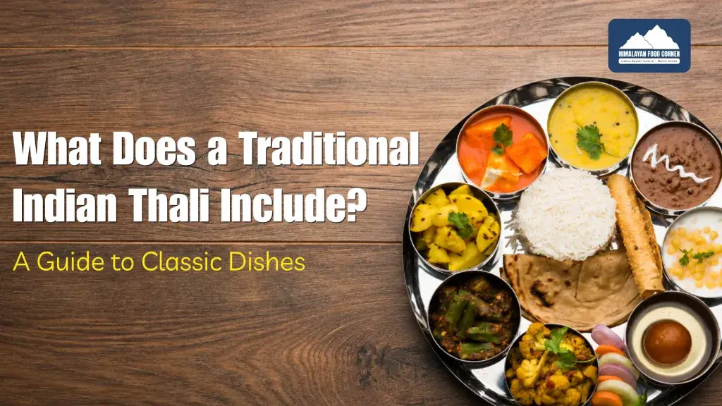 Traditional Indian thali with rice, curry, vegetables, naan